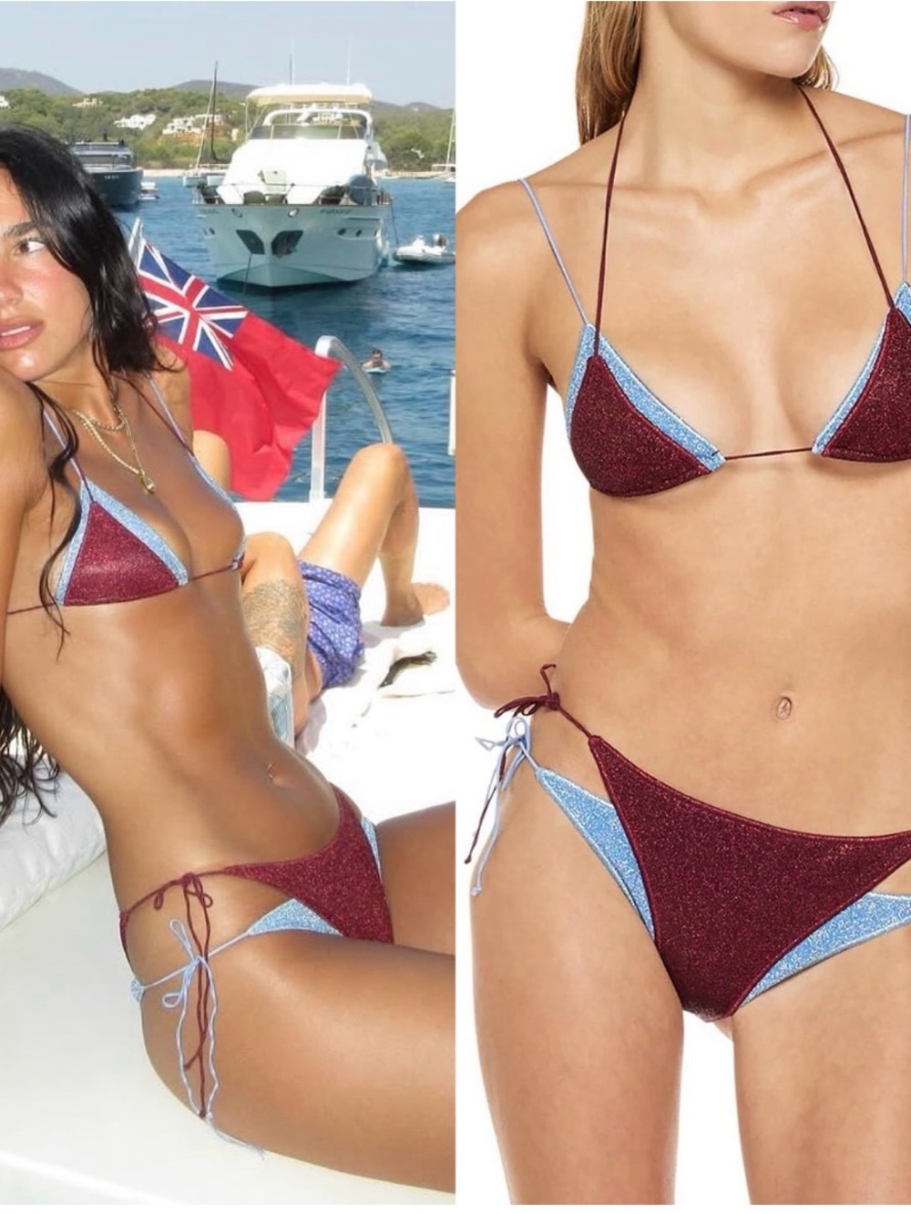 Oseree Burgundy and Light Blue Sparkle Triangle Bikini